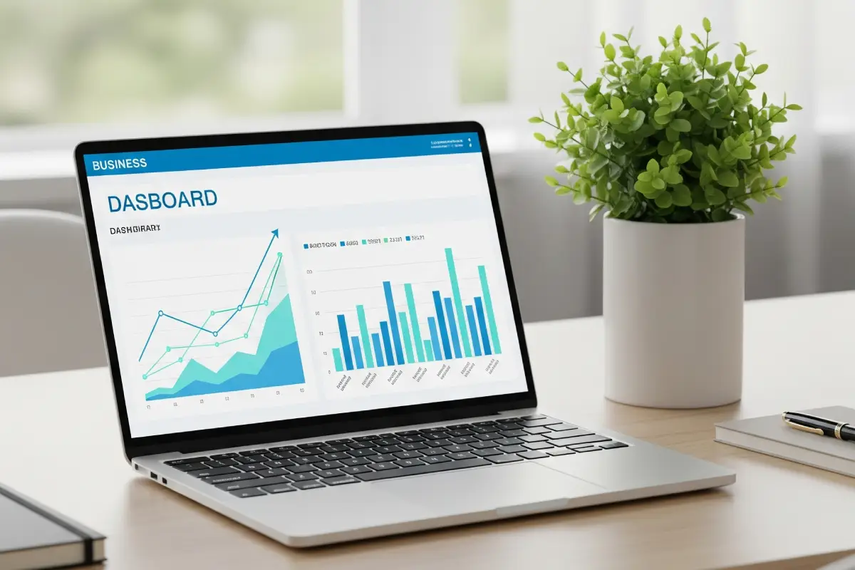 Ordinateur portable sur un bureau affichant des données et graphiques de performance.