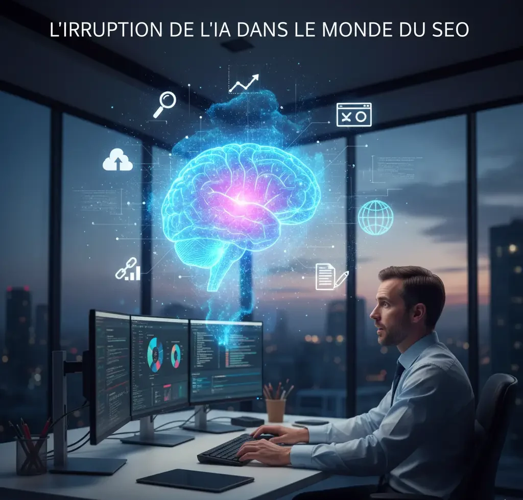 Consultant SEO travaillant sur plusieurs écrans avec intelligence artificielle représentée par un cerveau numérique, illustrant l’impact de l’IA dans le référencement naturel.