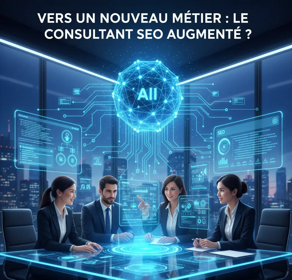 Réunion de consultants SEO utilisant l’intelligence artificielle et des interfaces futuristes pour analyser des données, illustrant le concept du consultant SEO augmenté.