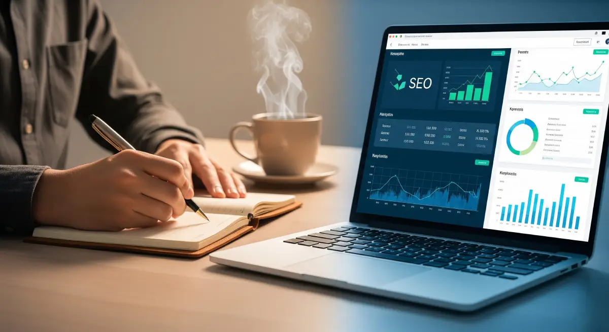 Bureau avec un ordinateur portable affichant un dashboard SEO et une personne prenant des notes.