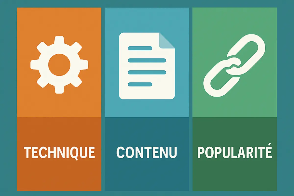 Illustration des 3 piliers du SEO : technique, contenu et popularité.