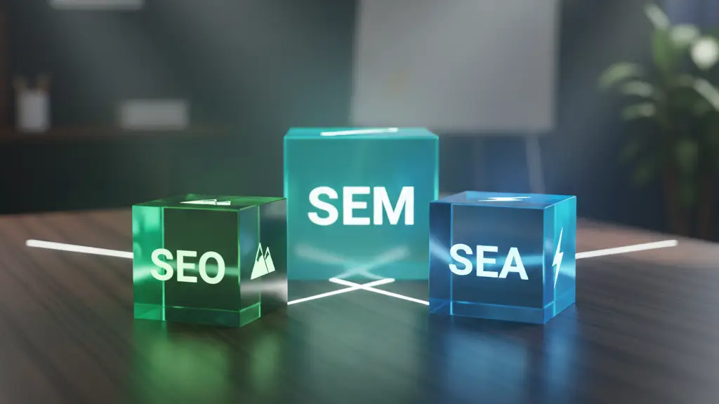 Trois cubes lumineux sur une table, représentant le SEO (vert), le SEA (bleu) et le SEM (cyan, plus grand), interconnectés.