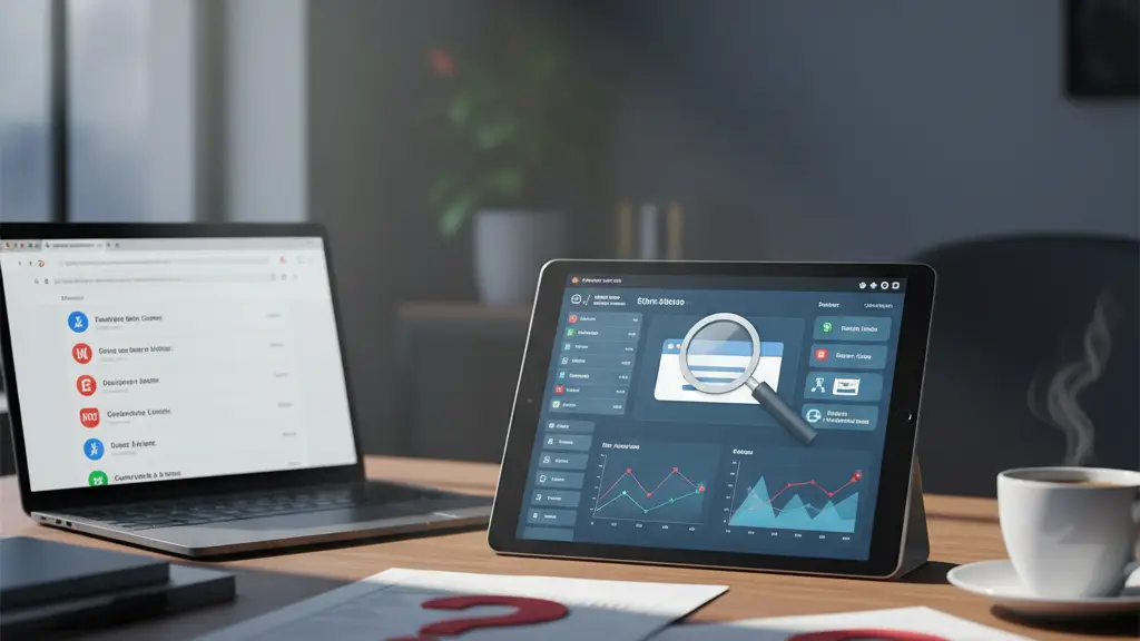 Loupe posée sur l'écran d'un ordinateur portable affichant un graphique d'analyse de trafic web.