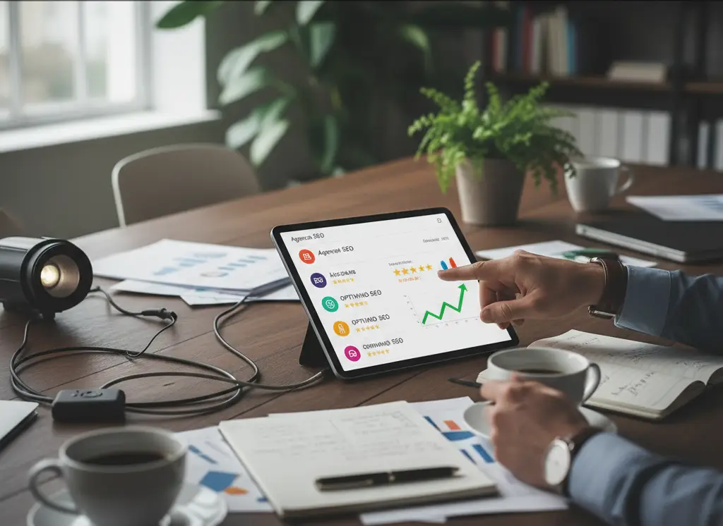 Personne en chemise et veste, travaillant sur une tablette affichant une application de classement d'agences SEO avec des étoiles et des graphiques de croissance.