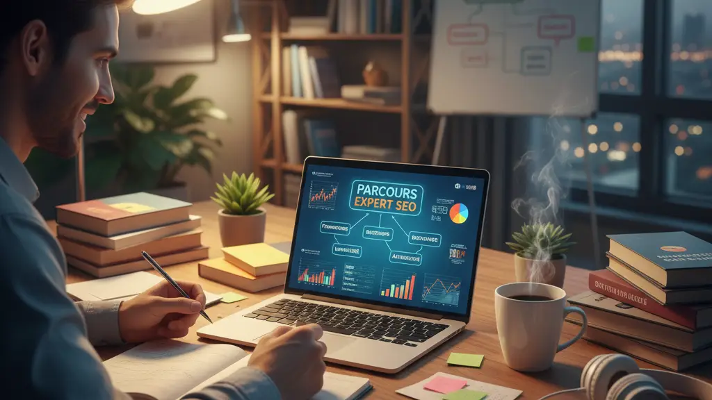 Homme souriant étudiant le SEO sur un ordinateur portable, avec un livre et une tasse de café.