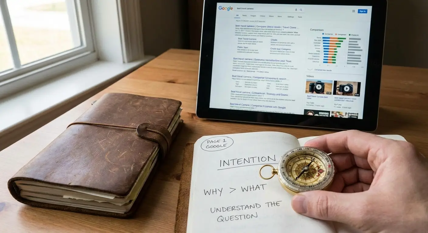 Boussole et carnet illustrant le concept d'intention de recherche en SEO avec résultats Google en arrière-plan.