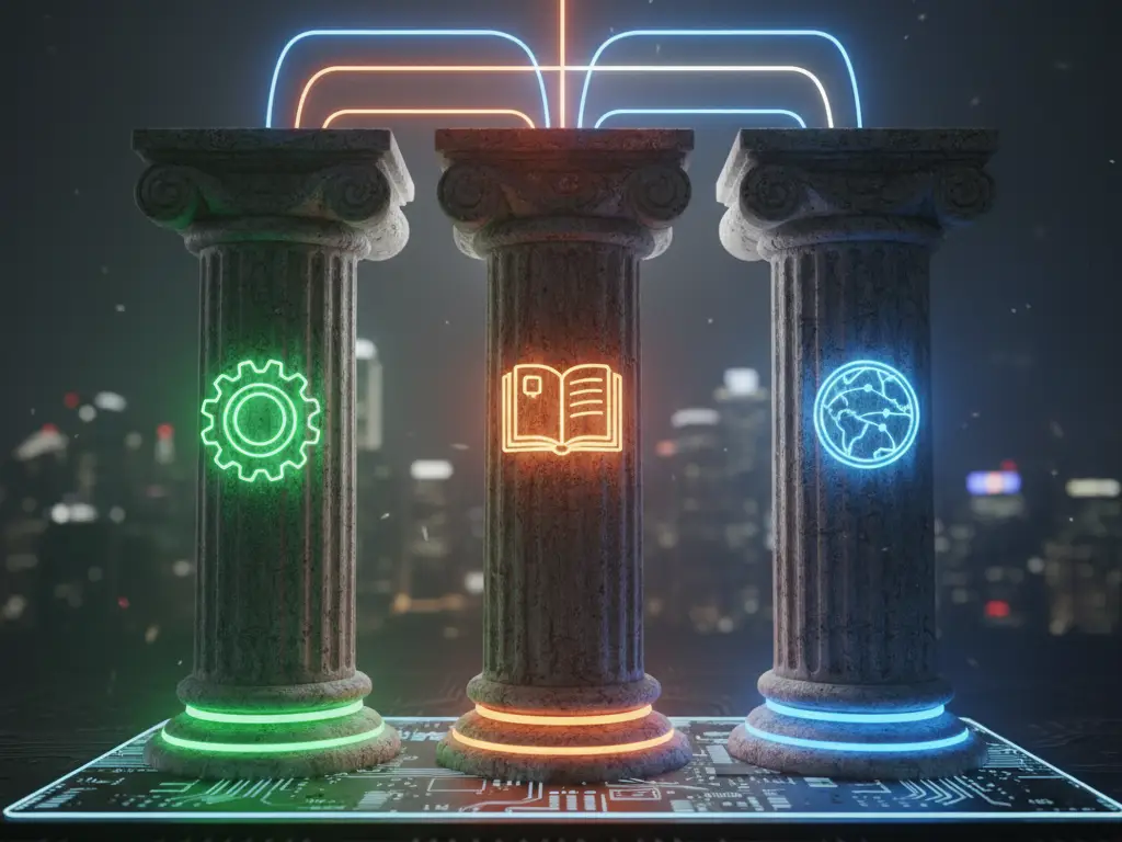 Trois piliers antiques avec des icônes lumineuses (engrenage, livre, globe) connectés par des lignes néons.